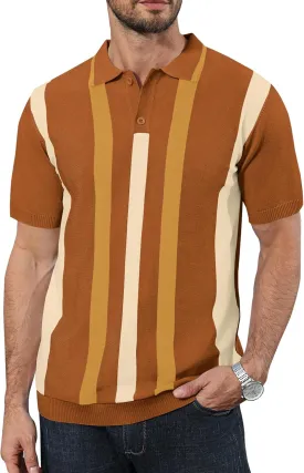 Ryehack Mens Casual Polo Shirts Knit Short Sleeve Vintage Striped Button T-Shirt Slim Fit Golf Vacation Shirt