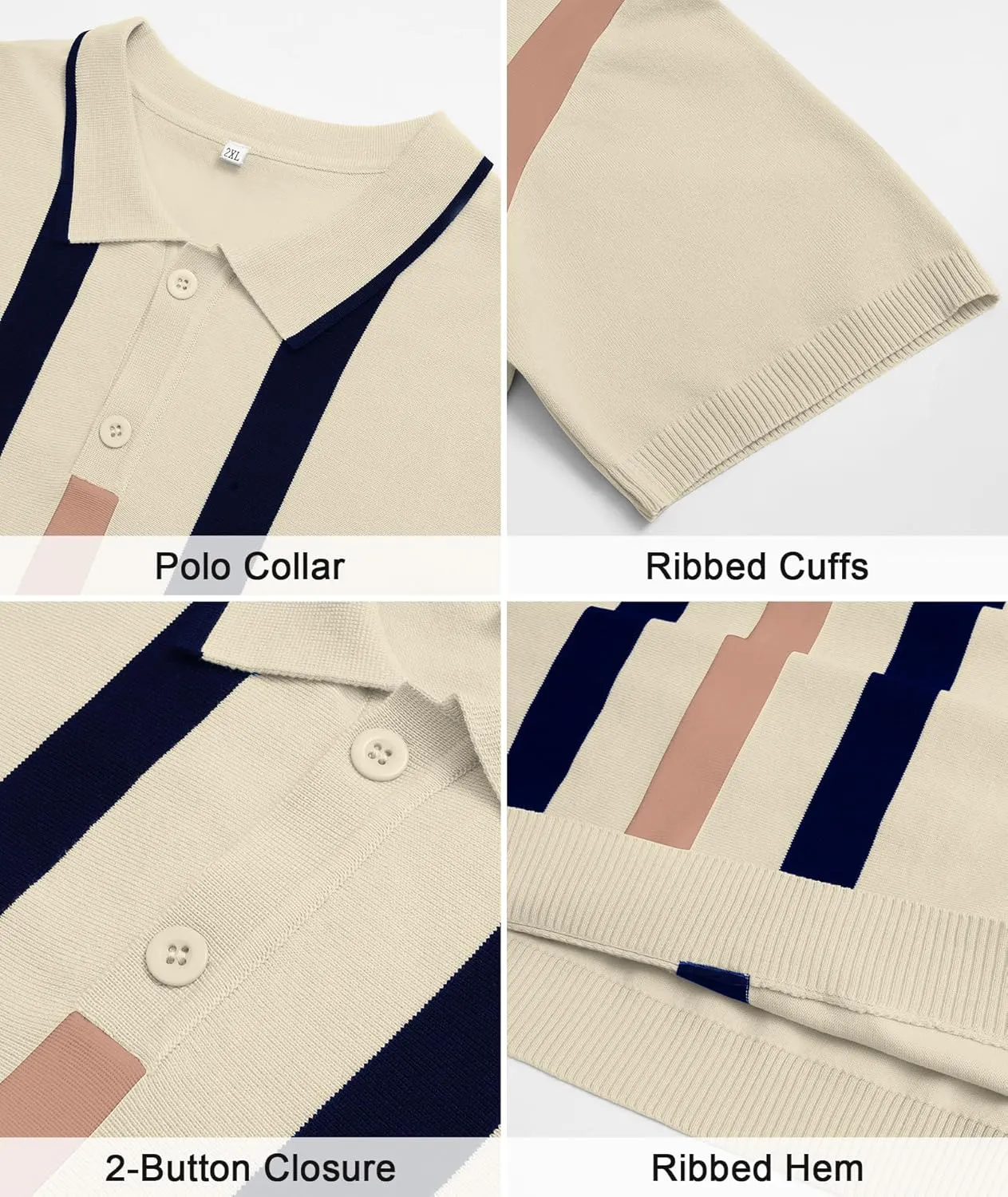 Ryehack Mens Casual Polo Shirts Knit Short Sleeve Vintage Striped Button T-Shirt Slim Fit Golf Vacation Shirt