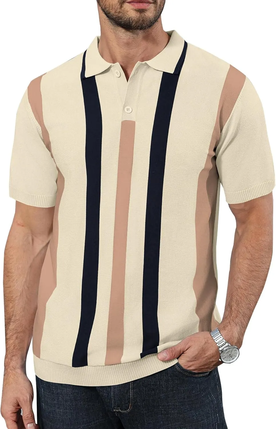 Ryehack Mens Casual Polo Shirts Knit Short Sleeve Vintage Striped Button T-Shirt Slim Fit Golf Vacation Shirt