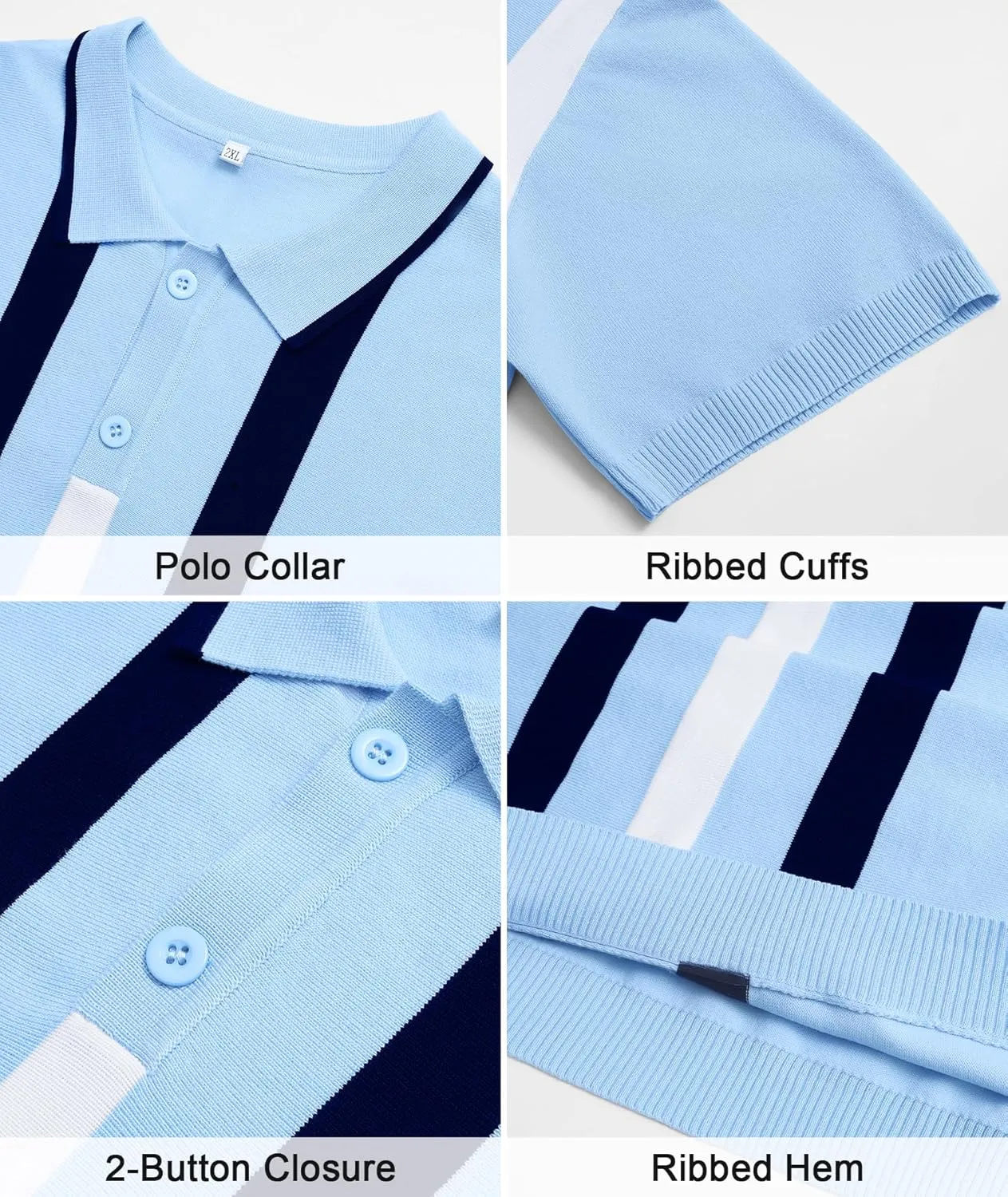 Ryehack Mens Casual Polo Shirts Knit Short Sleeve Vintage Striped Button T-Shirt Slim Fit Golf Vacation Shirt
