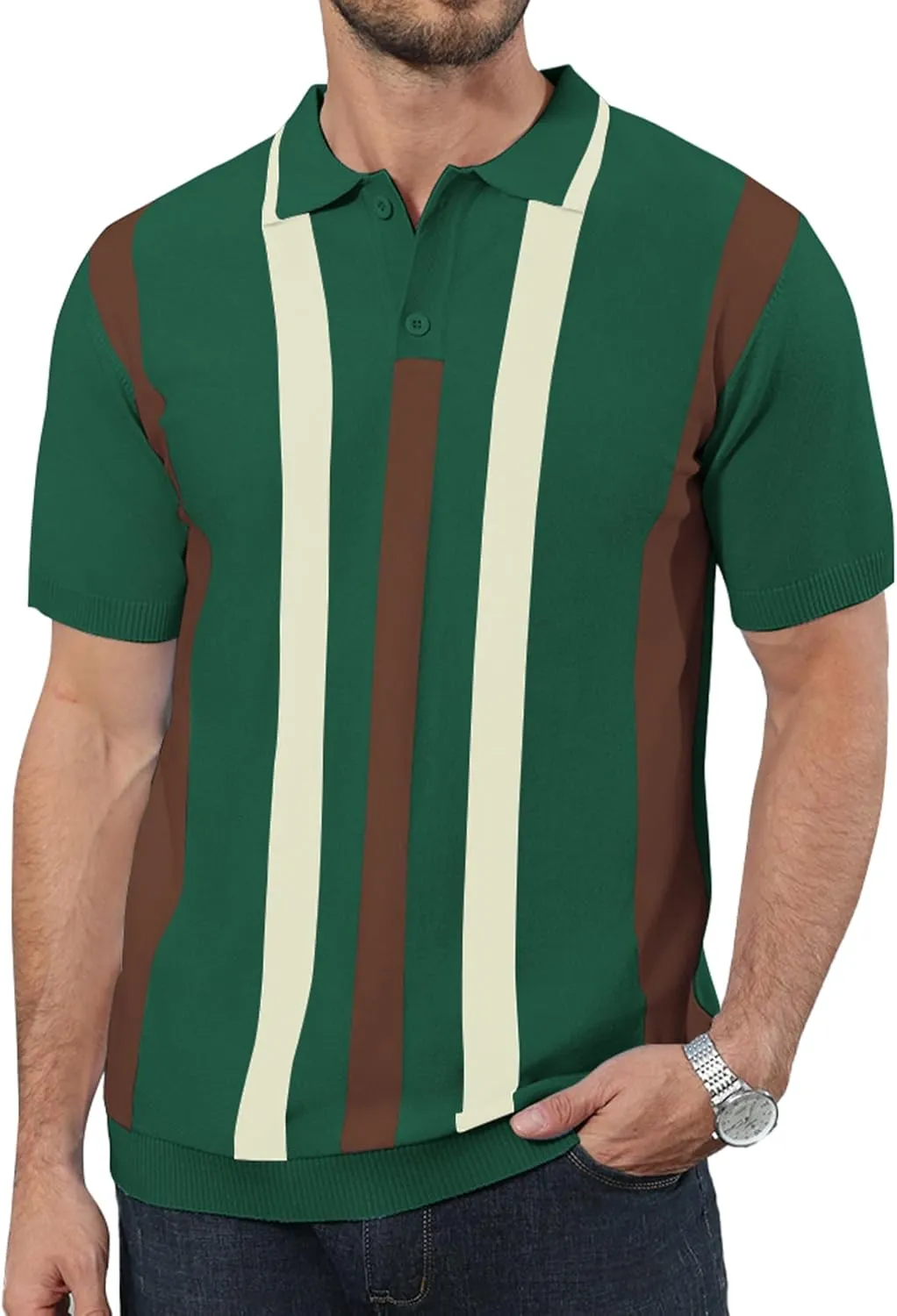 Ryehack Mens Casual Polo Shirts Knit Short Sleeve Vintage Striped Button T-Shirt Slim Fit Golf Vacation Shirt