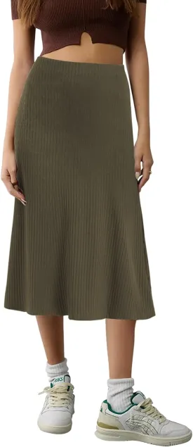 Urban CoCo Women's Elastic High Waist A-Line Flared Solid Ribbed Knit Midi Skirt