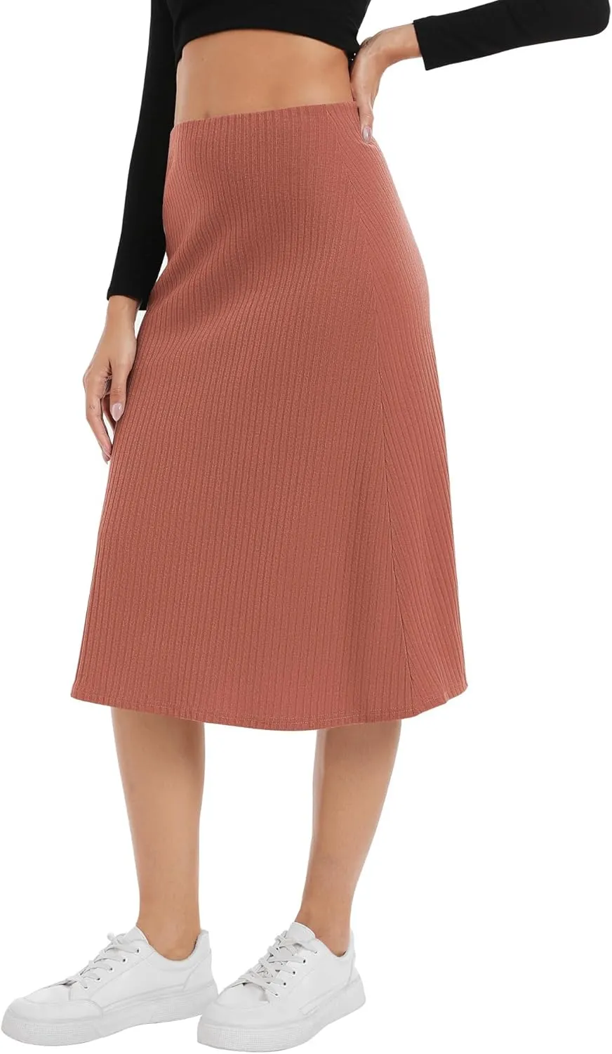 Urban CoCo Women's Elastic High Waist A-Line Flared Solid Ribbed Knit Midi Skirt
