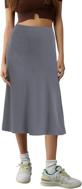Urban CoCo Women's Elastic High Waist A-Line Flared Solid Ribbed Knit Midi Skirt