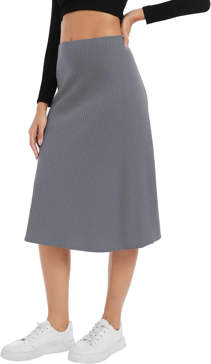 Urban CoCo Women's Elastic High Waist A-Line Flared Solid Ribbed Knit Midi Skirt