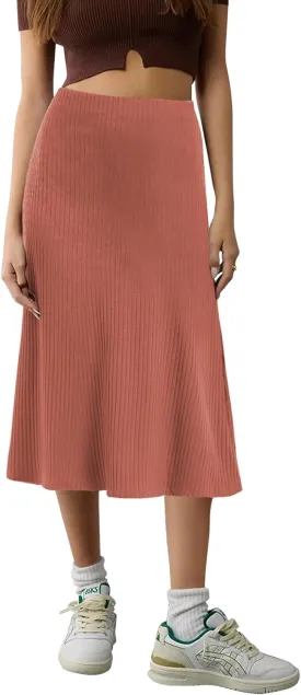 Urban CoCo Women's Elastic High Waist A-Line Flared Solid Ribbed Knit Midi Skirt