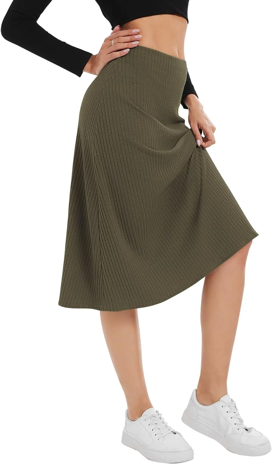 Urban CoCo Women's Elastic High Waist A-Line Flared Solid Ribbed Knit Midi Skirt