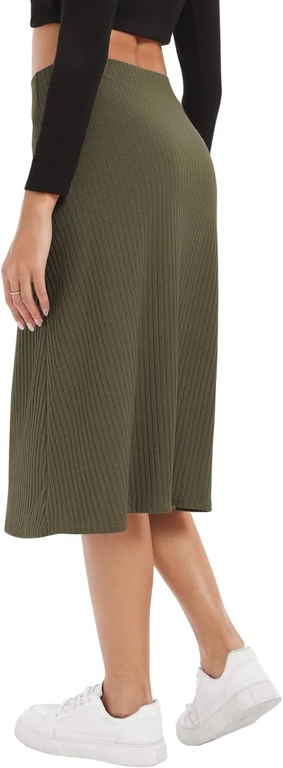 Urban CoCo Women's Elastic High Waist A-Line Flared Solid Ribbed Knit Midi Skirt
