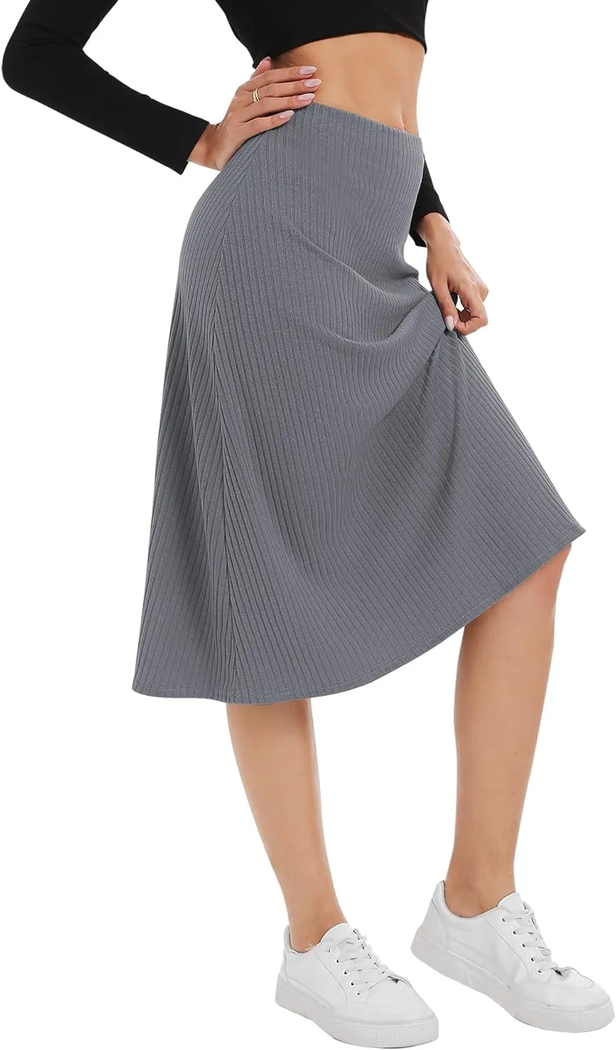 Urban CoCo Women's Elastic High Waist A-Line Flared Solid Ribbed Knit Midi Skirt