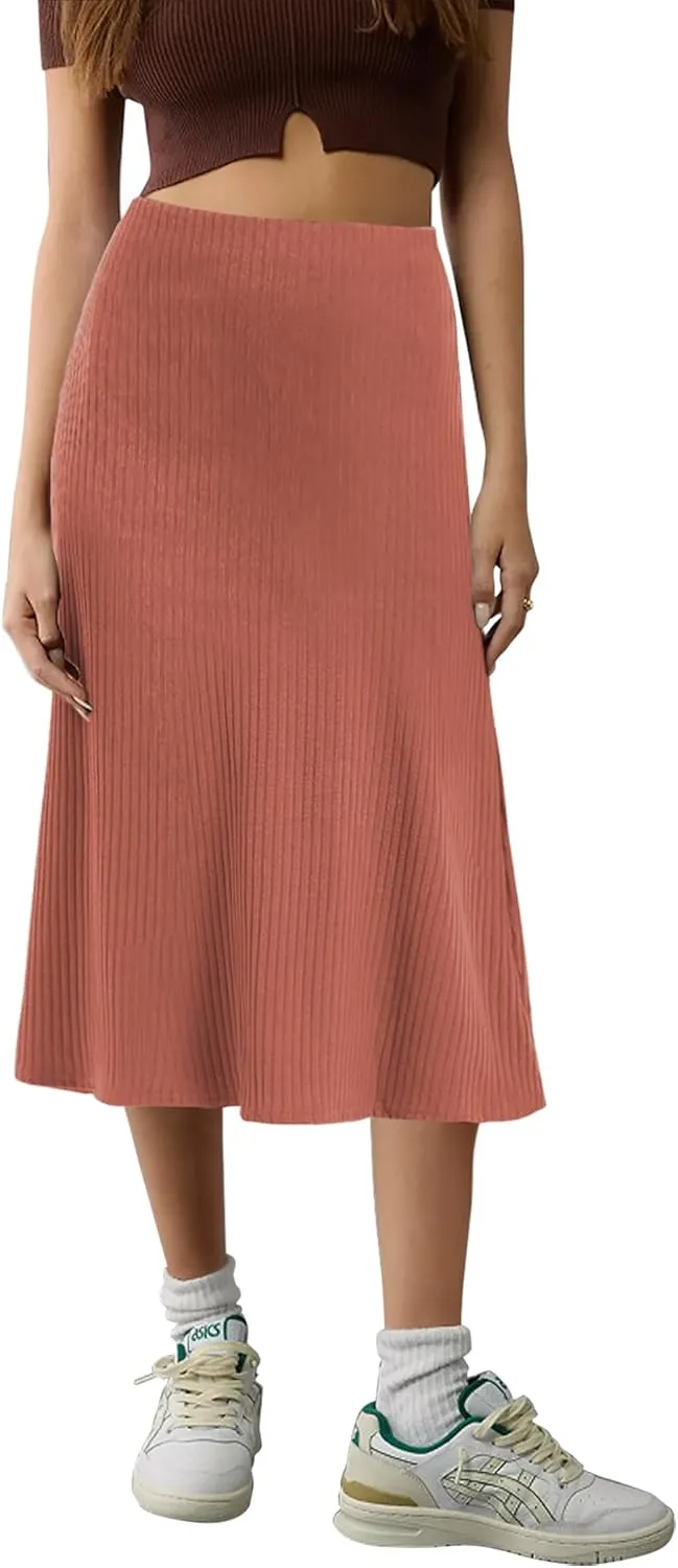 Urban CoCo Women's Elastic High Waist A-Line Flared Solid Ribbed Knit Midi Skirt