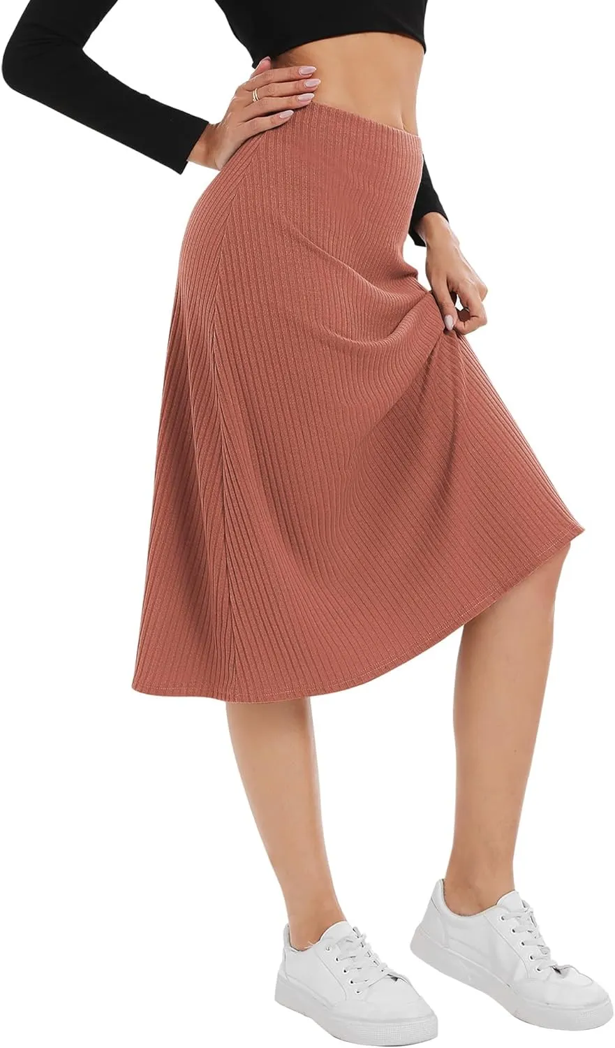 Urban CoCo Women's Elastic High Waist A-Line Flared Solid Ribbed Knit Midi Skirt
