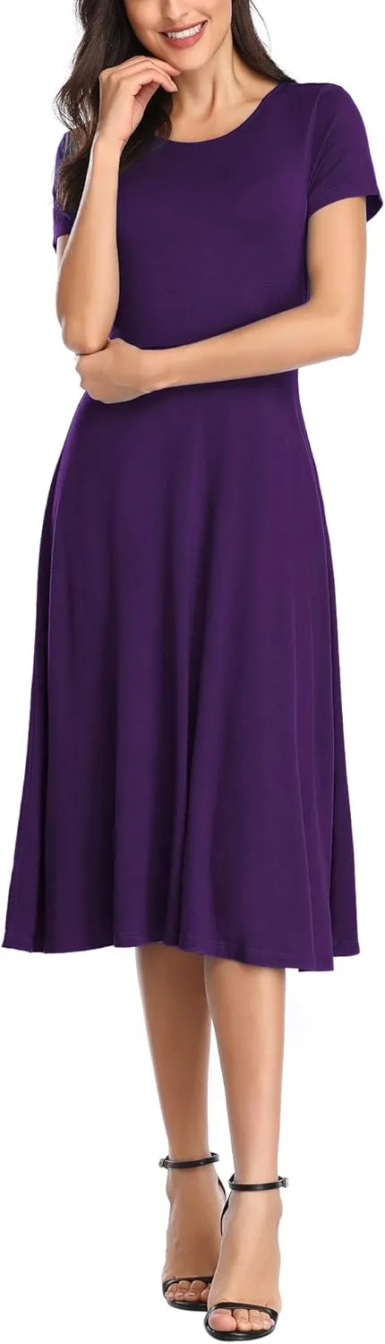 Urban CoCo Women's Vintage Short Sleeve High Waist Flared Midi Casual Summer Dress