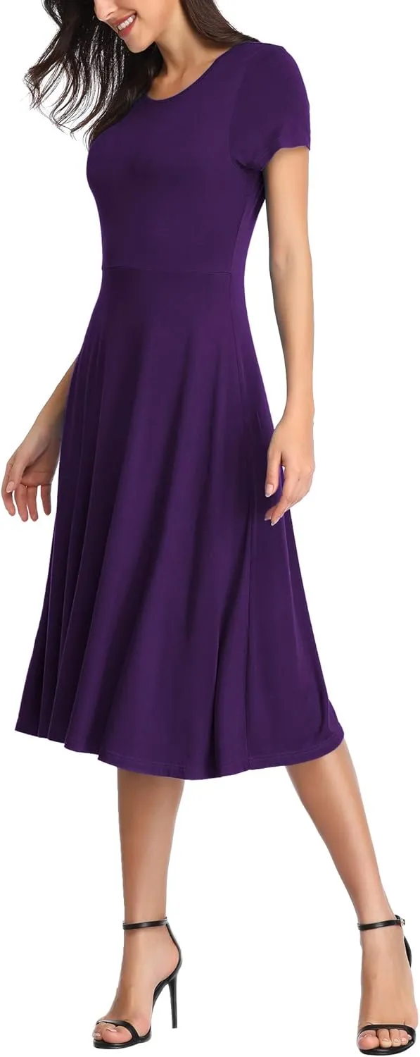 Urban CoCo Women's Vintage Short Sleeve High Waist Flared Midi Casual Summer Dress