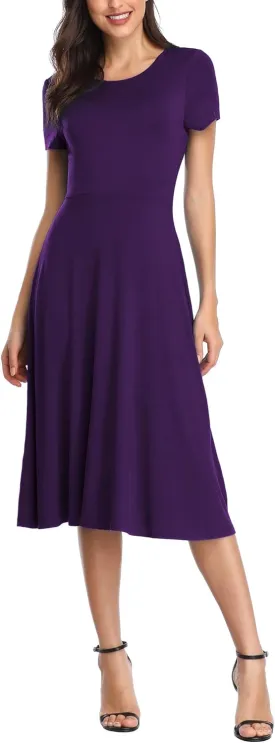 Urban CoCo Women's Vintage Short Sleeve High Waist Flared Midi Casual Summer Dress