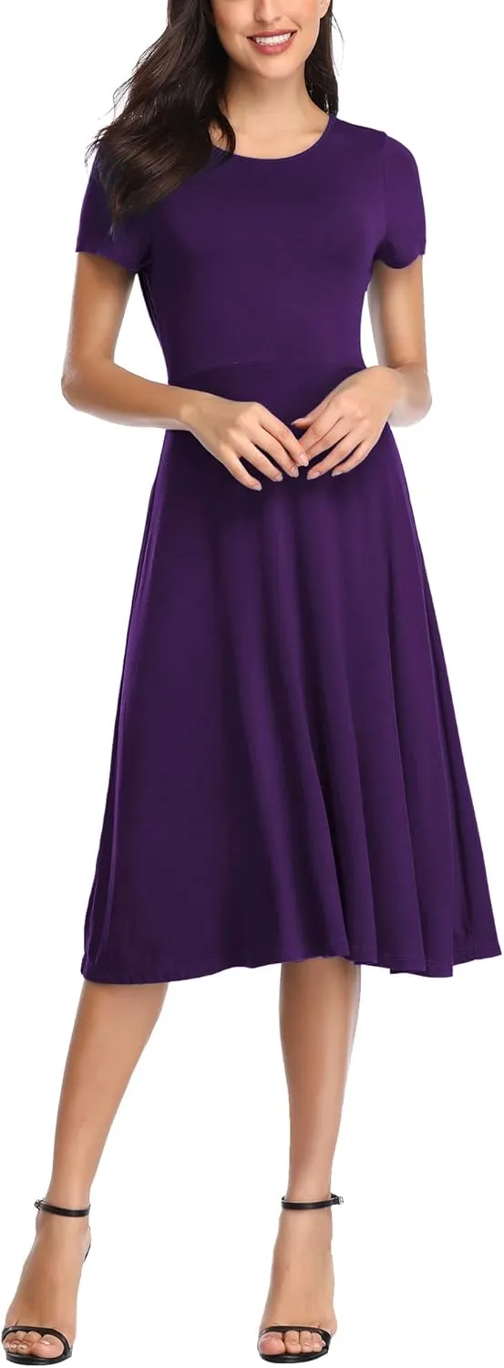 Urban CoCo Women's Vintage Short Sleeve High Waist Flared Midi Casual Summer Dress