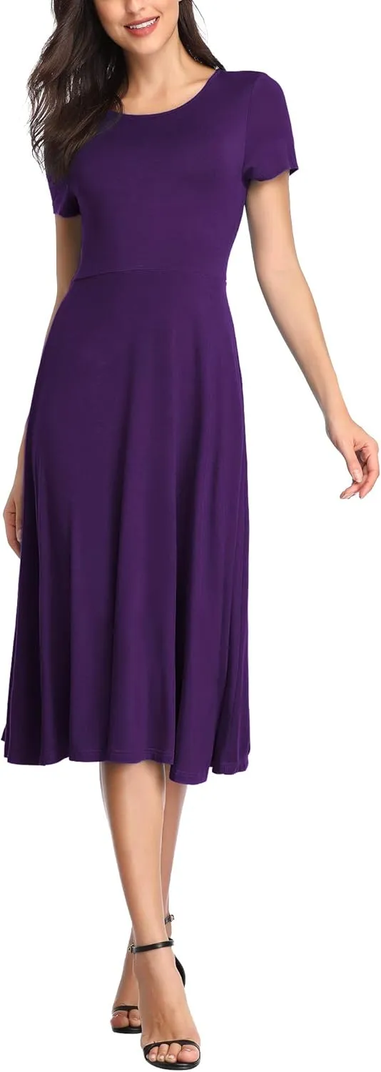 Urban CoCo Women's Vintage Short Sleeve High Waist Flared Midi Casual Summer Dress