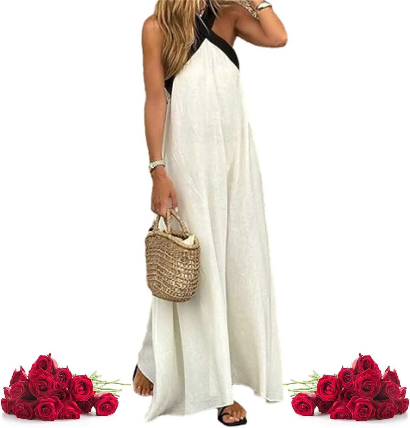 Women's Cross Halter Neck Sleeveless Stitching Dress, 2025 Summer Backless Sexy Criss Cross Halter Dresses for Women