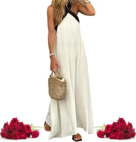 Women's Cross Halter Neck Sleeveless Stitching Dress, 2025 Summer Backless Sexy Criss Cross Halter Dresses for Women